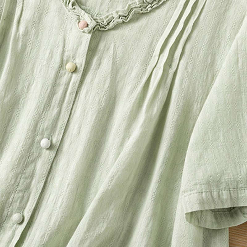 Buddha Stones Jacquard Pleated Ruffled Trim Design V-Neck Short Sleeve Women's Shirt - image 3
