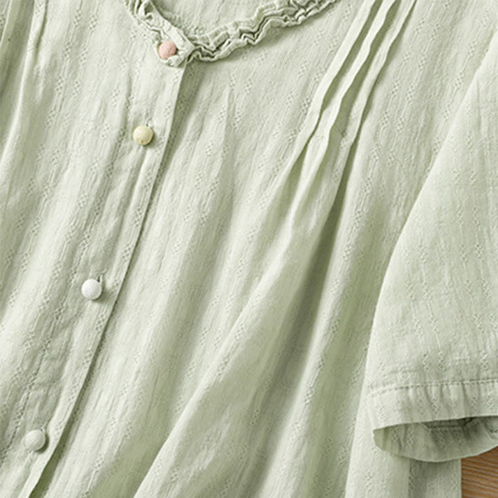 Buddha Stones Jacquard Pleated Ruffled Trim Design V-Neck Short Sleeve Women's Shirt - image 3