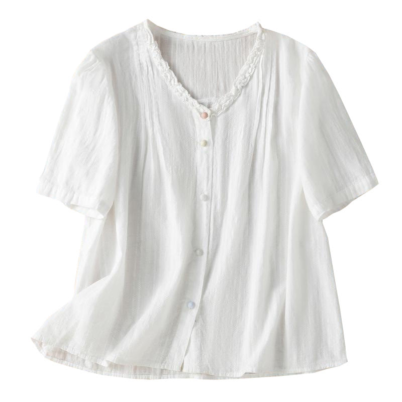Buddha Stones Jacquard Pleated Ruffled Trim Design V-Neck Short Sleeve Women's Shirt - image 17