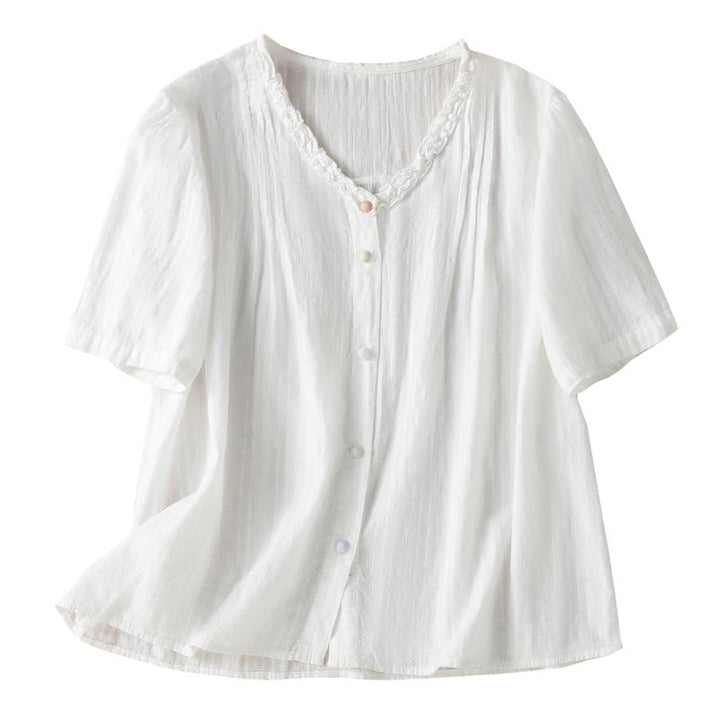 Buddha Stones Jacquard Pleated Ruffled Trim Design V-Neck Short Sleeve Women's Shirt - image 17