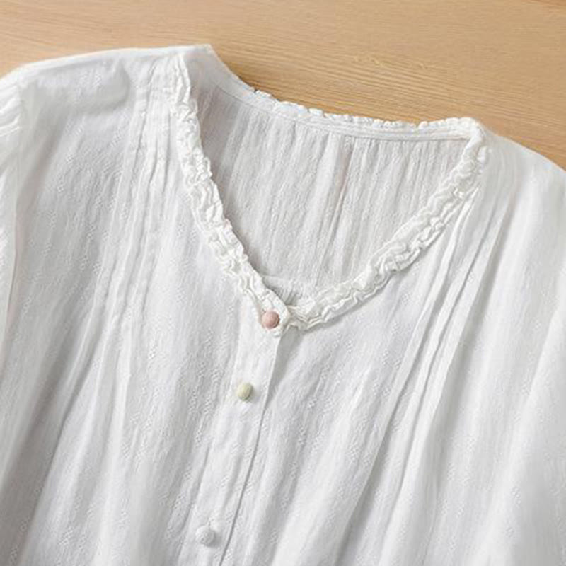 Buddha Stones Jacquard Pleated Ruffled Trim Design V-Neck Short Sleeve Women's Shirt - image 15
