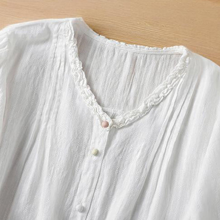 Buddha Stones Jacquard Pleated Ruffled Trim Design V-Neck Short Sleeve Women's Shirt - image 15