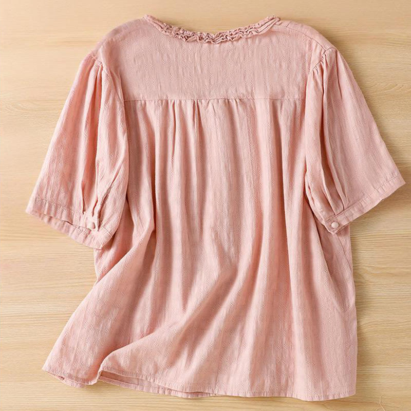 Buddha Stones Jacquard Pleated Ruffled Trim Design V-Neck Short Sleeve Women's Shirt - image 19