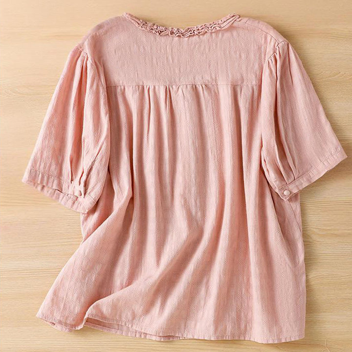 Buddha Stones Jacquard Pleated Ruffled Trim Design V-Neck Short Sleeve Women's Shirt - image 19