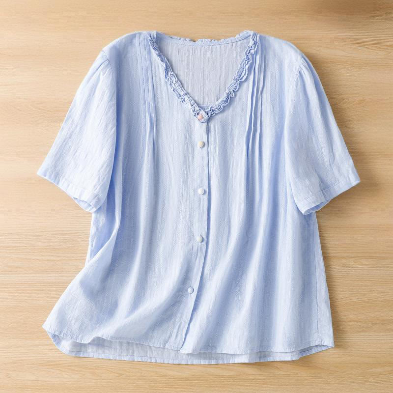 Buddha Stones Jacquard Pleated Ruffled Trim Design V-Neck Short Sleeve Women's Shirt - CornflowerBlue - US14，UK/AU18，EU46 (2XL) - image 4
