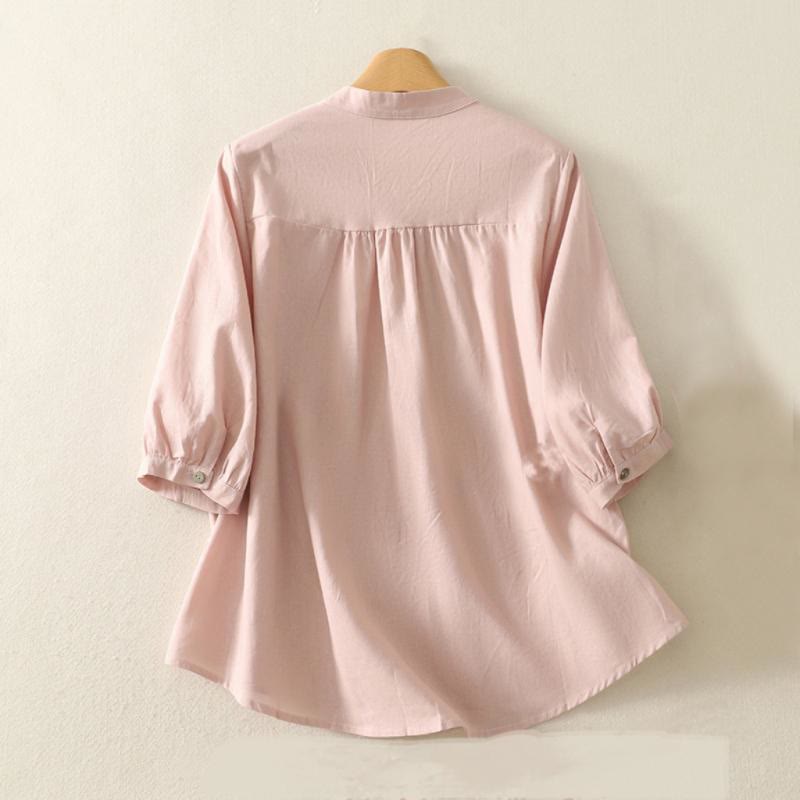 Buddha Stones Daily Printing Lily Pattern Half Puff Sleeve Women's Cotton Linen Shirt - image 1