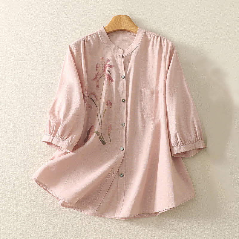 Buddha Stones Daily Printing Lily Pattern Half Puff Sleeve Women's Cotton Linen Shirt - LightPink - US12，UK/AU16，EU44 (2XL) - image 0