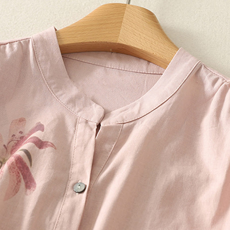 Buddha Stones Daily Printing Lily Pattern Half Puff Sleeve Women's Cotton Linen Shirt - image 2