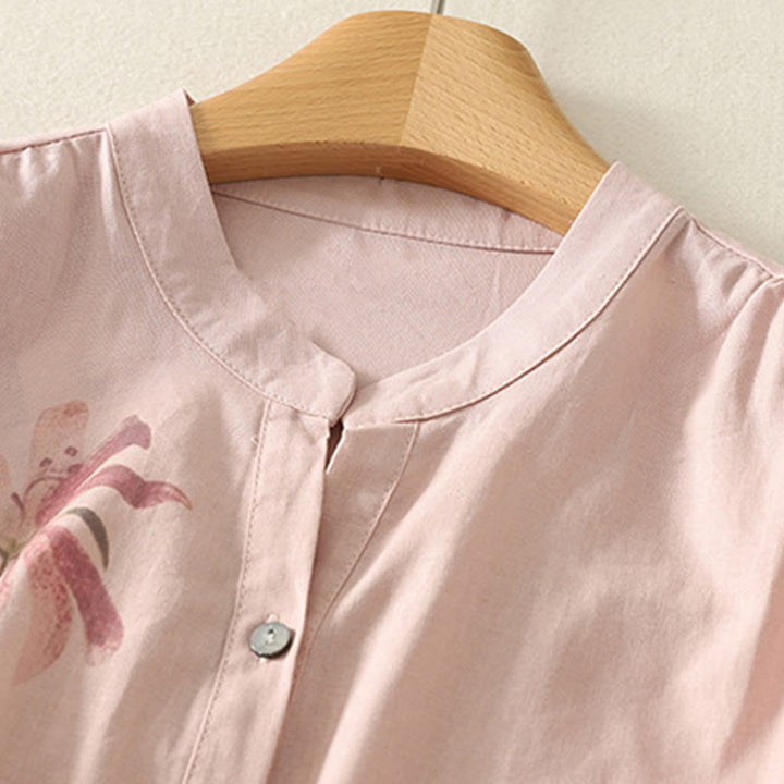 Buddha Stones Daily Printing Lily Pattern Half Puff Sleeve Women's Cotton Linen Shirt - image 2