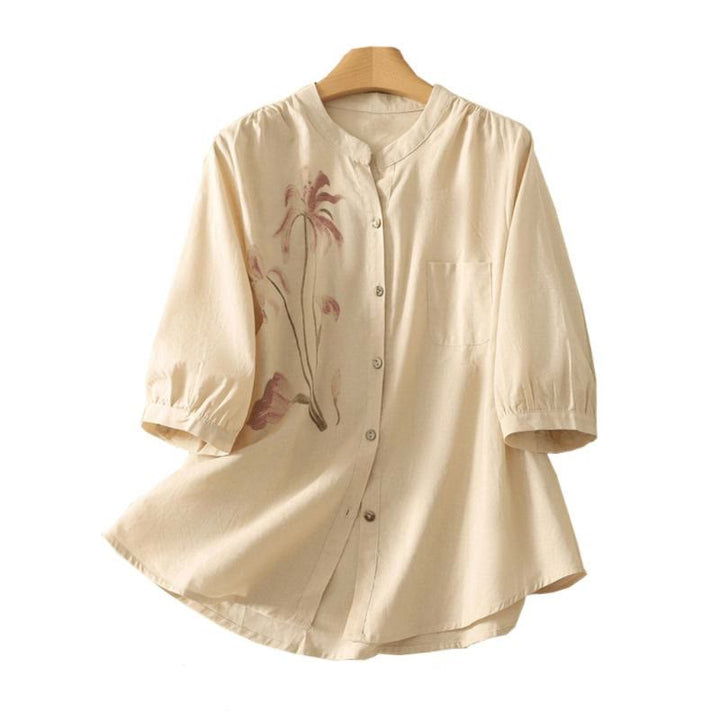 Buddha Stones Daily Printing Lily Pattern Half Puff Sleeve Women's Cotton Linen Shirt - image 16