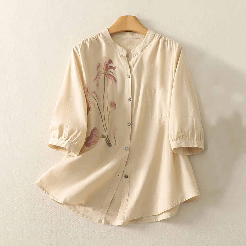 Buddha Stones Daily Printing Lily Pattern Half Puff Sleeve Women's Cotton Linen Shirt - Moccasin - US12，UK/AU16，EU44 (2XL) - image 11