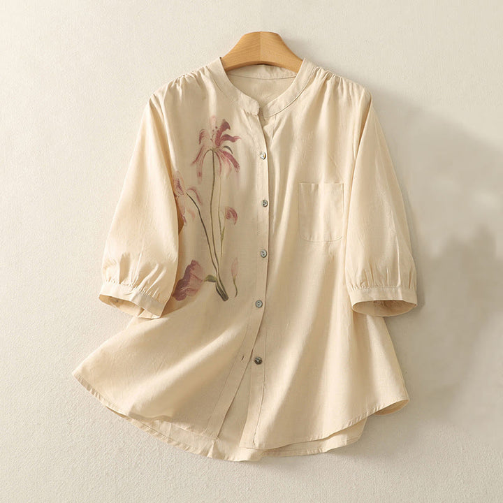 Buddha Stones Daily Printing Lily Pattern Half Puff Sleeve Women's Cotton Linen Shirt - Moccasin - US12，UK/AU16，EU44 (2XL) - image 11