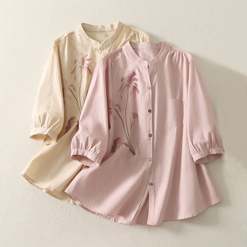 Buddha Stones Daily Printing Lily Pattern Half Puff Sleeve Women's Cotton Linen Shirt - image 17