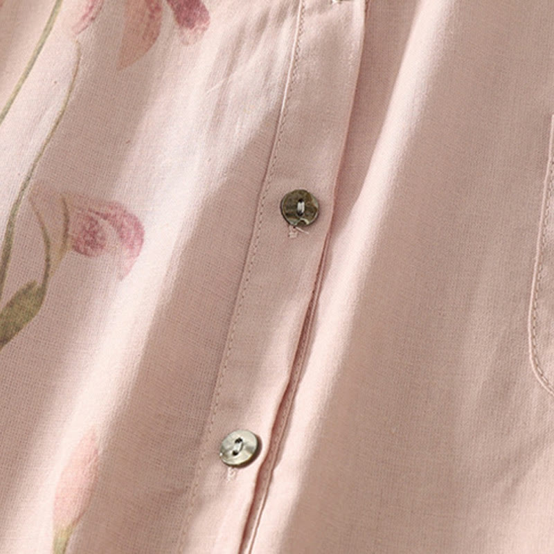 Buddha Stones Daily Printing Lily Pattern Half Puff Sleeve Women's Cotton Linen Shirt - image 4
