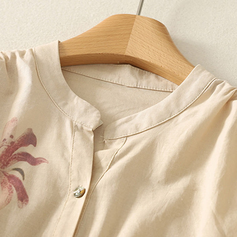 Buddha Stones Daily Printing Lily Pattern Half Puff Sleeve Women's Cotton Linen Shirt - image 12