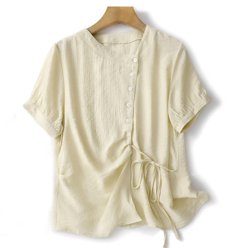 Buddha Stones Plain Asymmetrical Lace-Up Design Puff Short Sleeve Women's Cotton Shirt - LightGoldenrodYellow - US8-10，UK/AU12-14，EU40-42 (2XL) - image 7