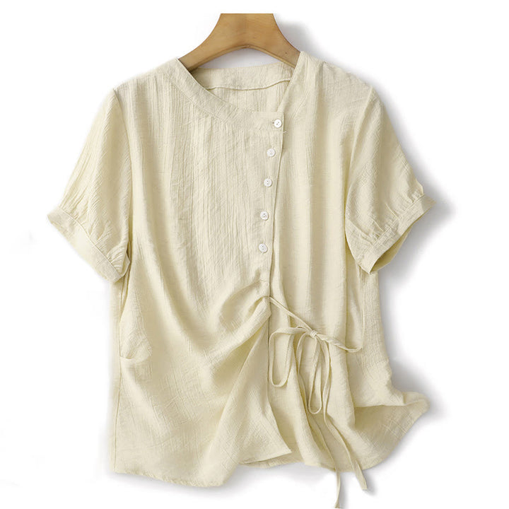Buddha Stones Plain Asymmetrical Lace-Up Design Puff Short Sleeve Women's Cotton Shirt - LightGoldenrodYellow - US8-10，UK/AU12-14，EU40-42 (2XL) - image 7