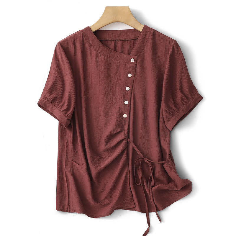 Buddha Stones Plain Asymmetrical Lace-Up Design Puff Short Sleeve Women's Cotton Shirt - FireBrick - US8-10，UK/AU12-14，EU40-42 (2XL) - image 17