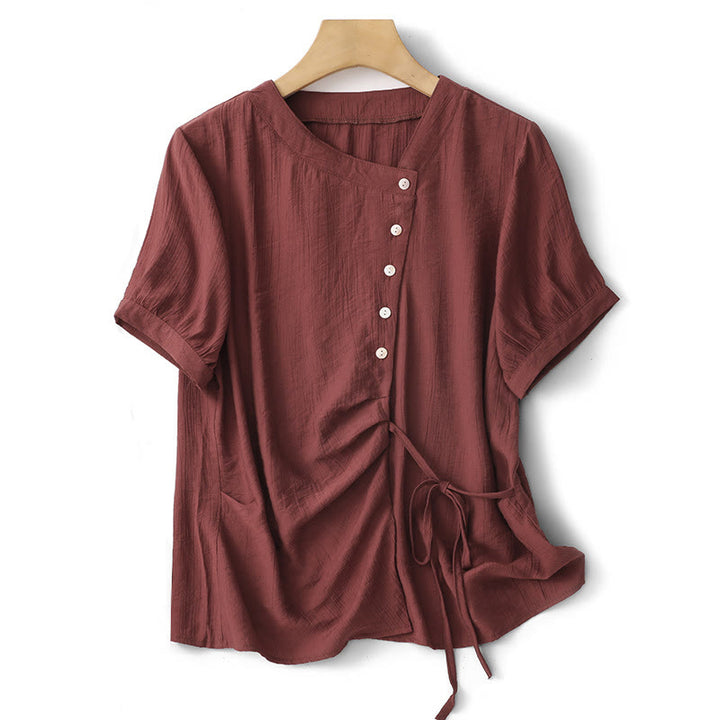Buddha Stones Plain Asymmetrical Lace-Up Design Puff Short Sleeve Women's Cotton Shirt - FireBrick - US8-10，UK/AU12-14，EU40-42 (2XL) - image 17