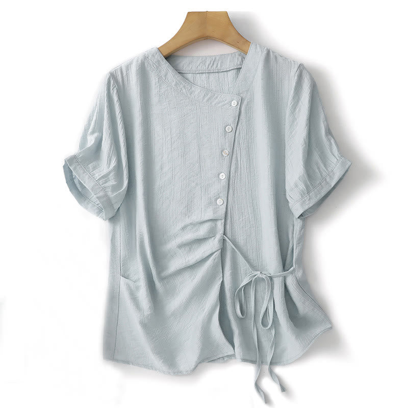 Buddha Stones Plain Asymmetrical Lace-Up Design Puff Short Sleeve Women's Cotton Shirt - PowderBlue - US8-10，UK/AU12-14，EU40-42 (2XL) - image 0