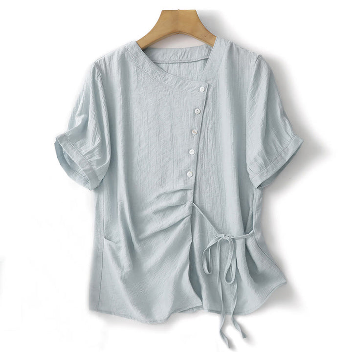 Buddha Stones Plain Asymmetrical Lace-Up Design Puff Short Sleeve Women's Cotton Shirt - PowderBlue - US8-10，UK/AU12-14，EU40-42 (2XL) - image 0
