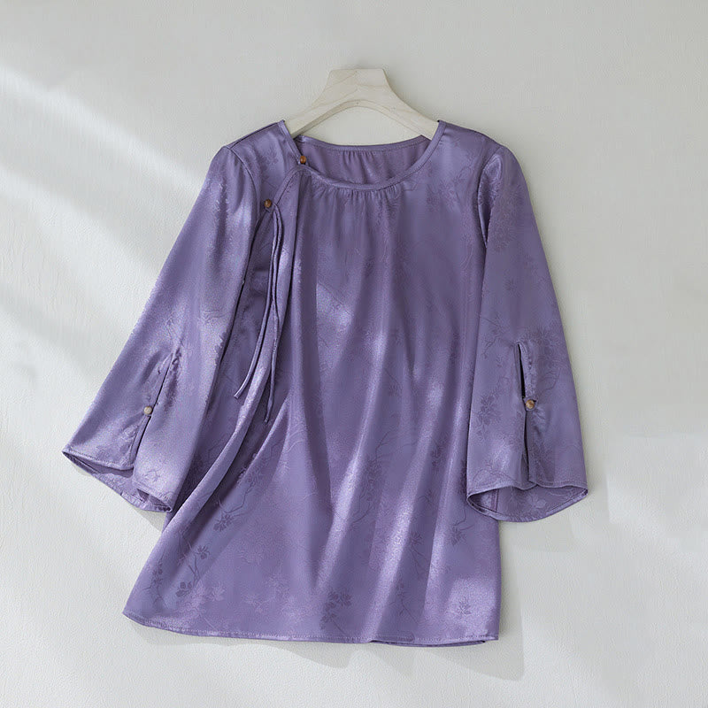 Buddha Stones Summer Solid Color Jacquard Flower Slit Design Three Quarter Sleeve Women's Shirt - BlueViolet - US8-10，UK/AU12-14，EU40-42 (2XL) - image 0