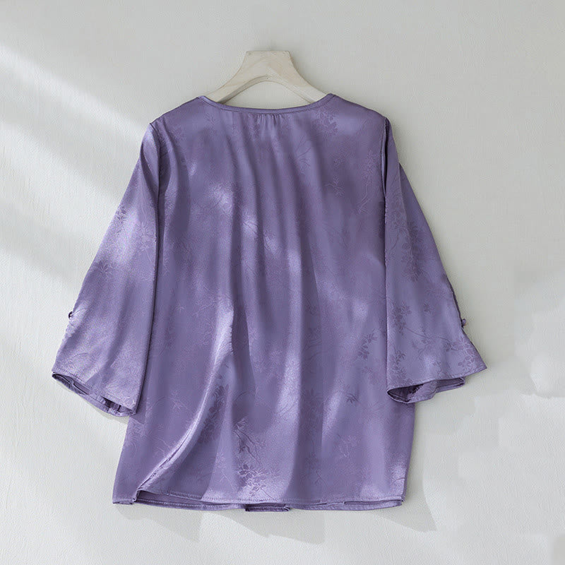 Buddha Stones Summer Solid Color Jacquard Flower Slit Design Three Quarter Sleeve Women's Shirt - image 1