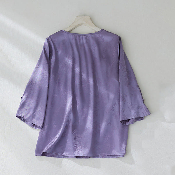 Buddha Stones Summer Solid Color Jacquard Flower Slit Design Three Quarter Sleeve Women's Shirt - image 1