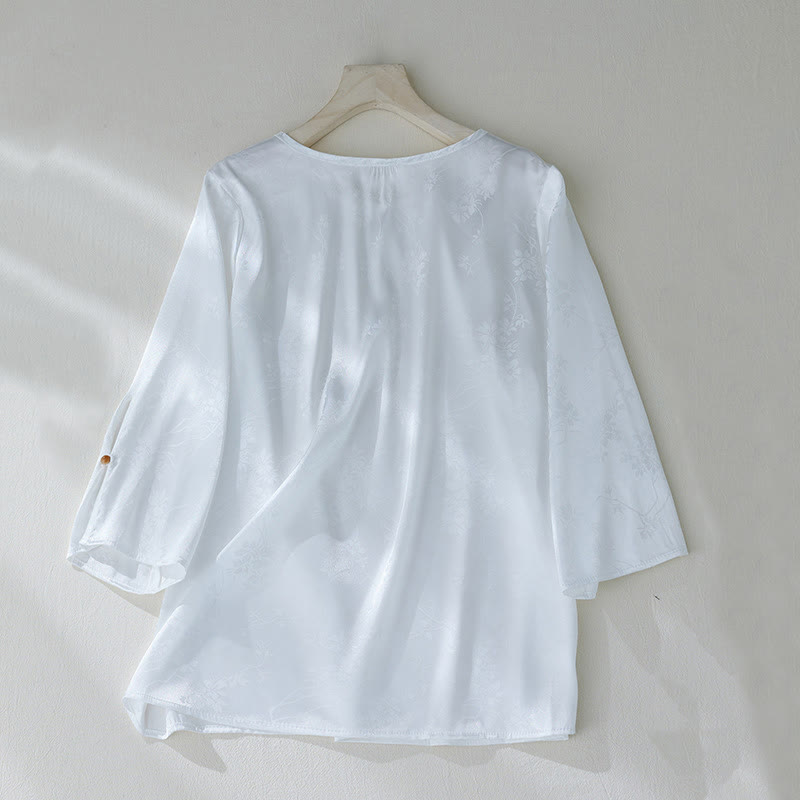 Buddha Stones Summer Solid Color Jacquard Flower Slit Design Three Quarter Sleeve Women's Shirt - image 9