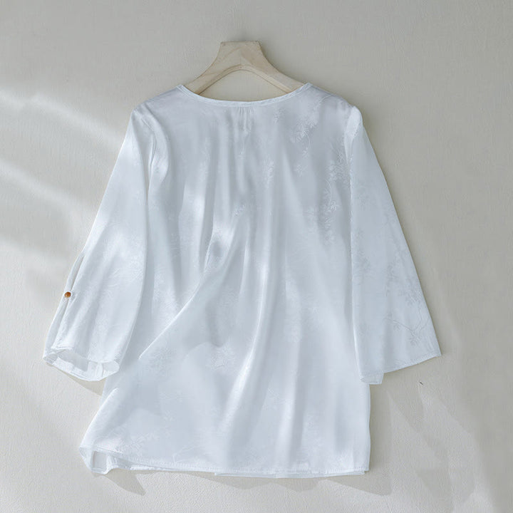 Buddha Stones Summer Solid Color Jacquard Flower Slit Design Three Quarter Sleeve Women's Shirt - image 9