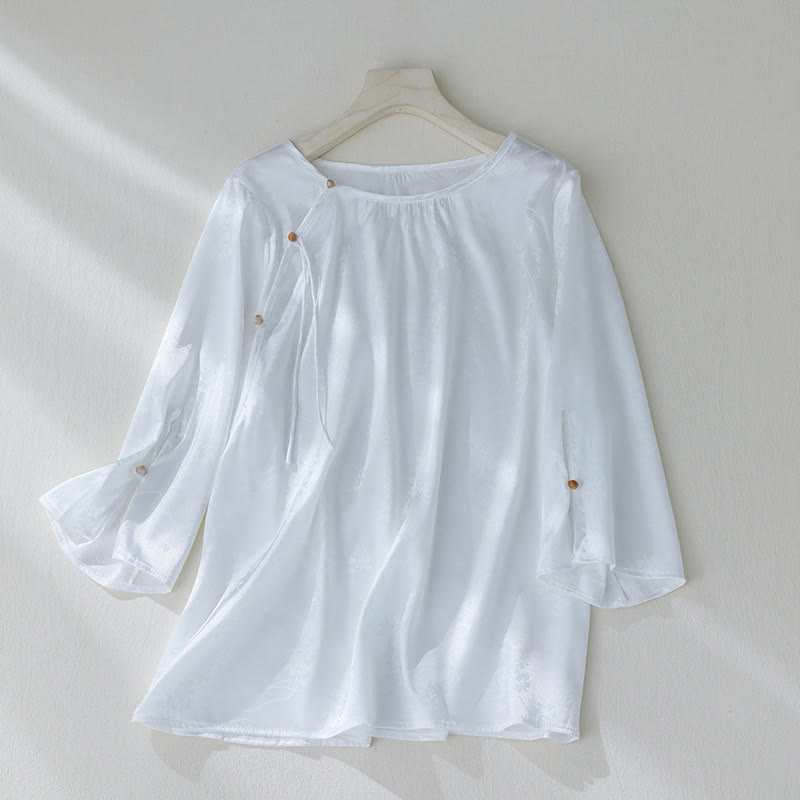 Buddha Stones Summer Solid Color Jacquard Flower Slit Design Three Quarter Sleeve Women's Shirt - White - US8-10，UK/AU12-14，EU40-42 (2XL) - image 8