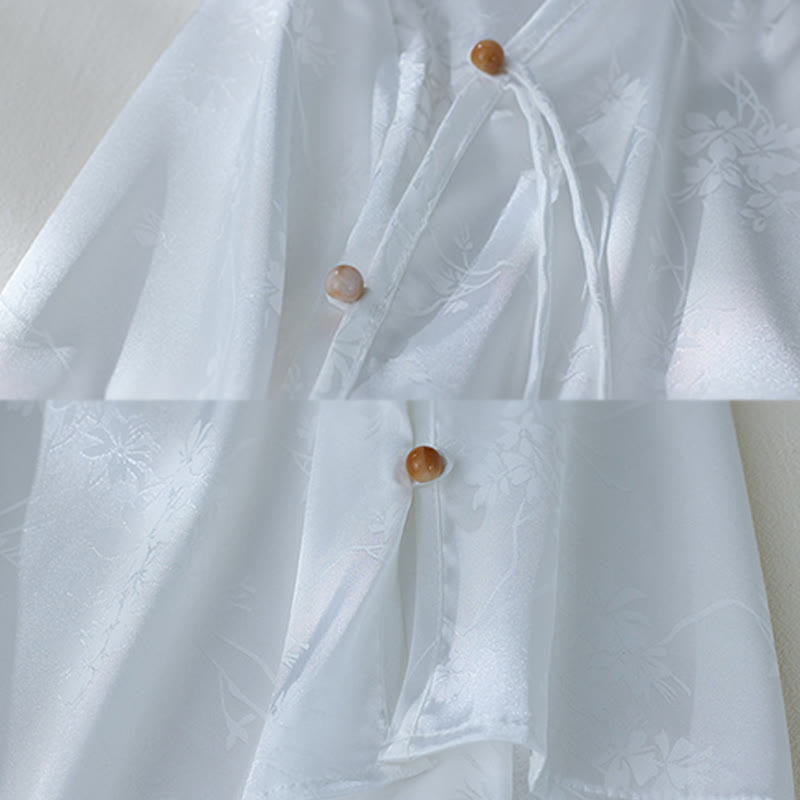 Buddha Stones Summer Solid Color Jacquard Flower Slit Design Three Quarter Sleeve Women's Shirt - image 13