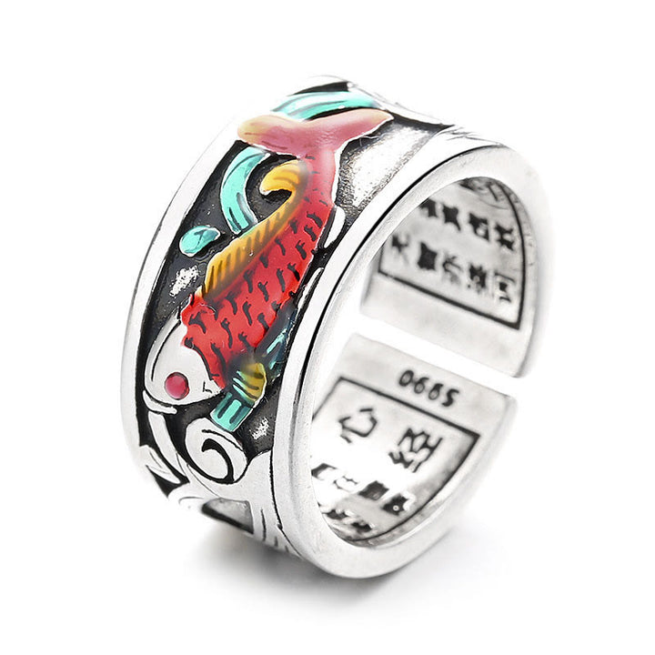 Buddha Stones Blue Enamel Koi Fish Heart Sutra Success Ring - image 5