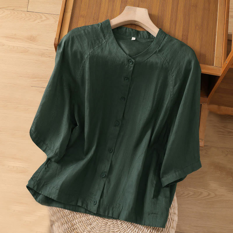 Buddha Stones Daily Three Quarter Sleeve Cotton Linen Women's Shirt With Pockets - DarkGreen - US14，UK/AU18，EU46 (2XL) - image 19