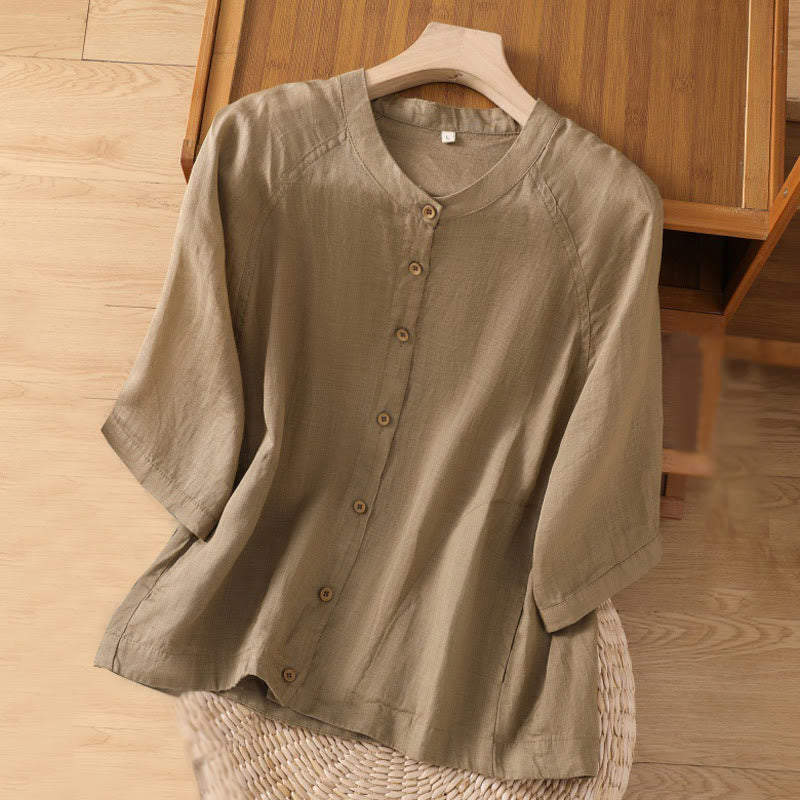 Buddha Stones Daily Three Quarter Sleeve Cotton Linen Women's Shirt With Pockets - Tan - US14，UK/AU18，EU46 (2XL) - image 0