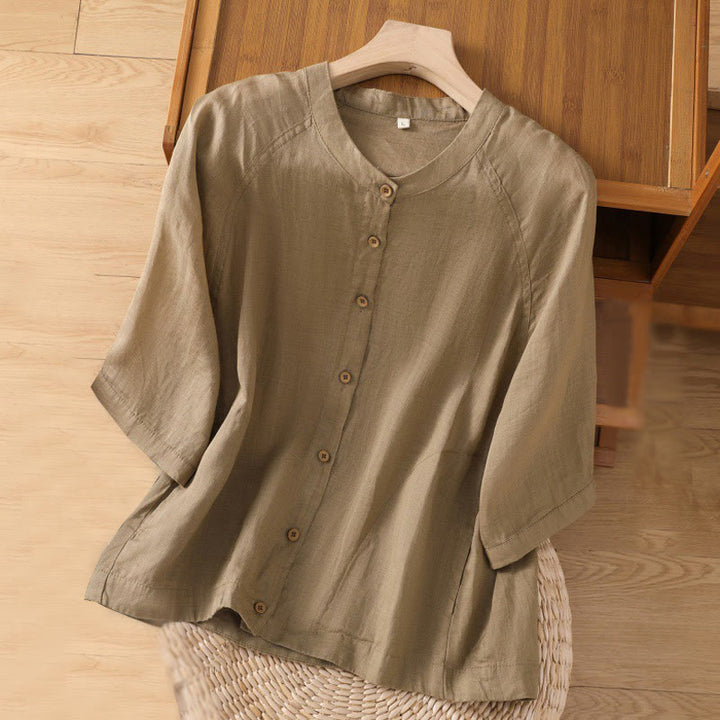 Buddha Stones Daily Three Quarter Sleeve Cotton Linen Women's Shirt With Pockets - Tan - US14，UK/AU18，EU46 (2XL) - image 0
