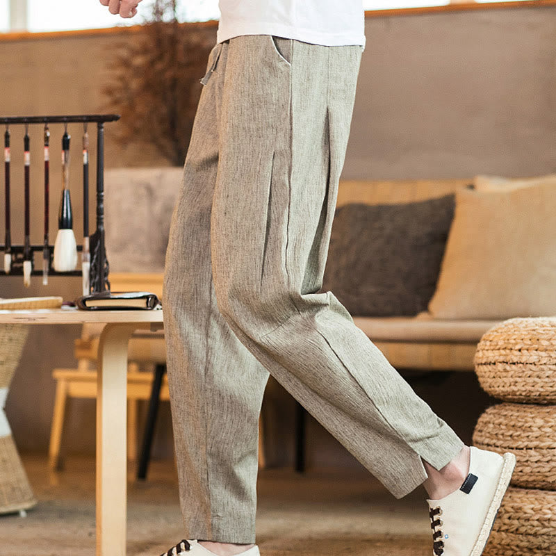 Buddha Stones Solid Color Linen Drawstring Tapered Men's Pants With Pockets - image 2