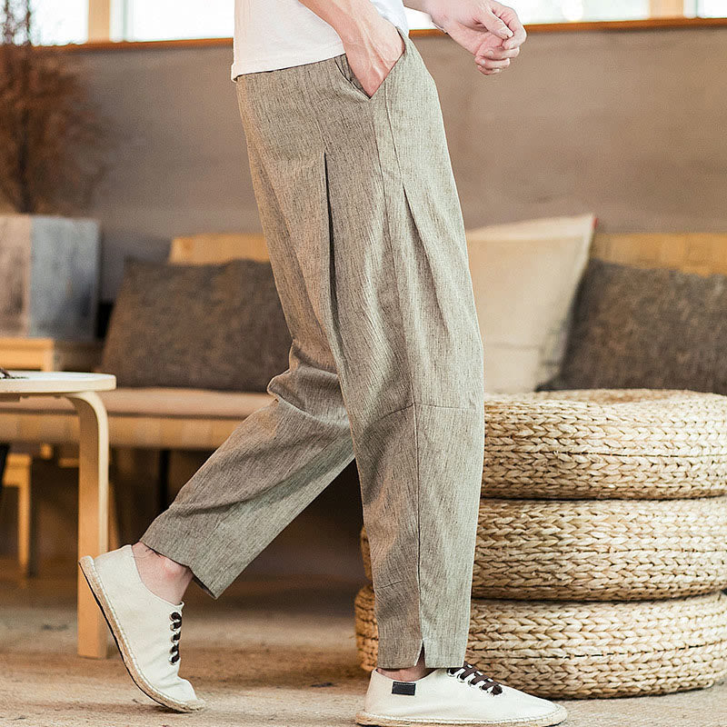 Buddha Stones Solid Color Linen Drawstring Tapered Men's Pants With Pockets - image 1