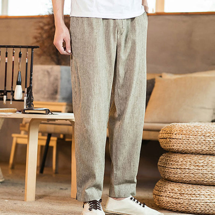 Buddha Stones Solid Color Linen Drawstring Tapered Men's Pants With Pockets - image 5