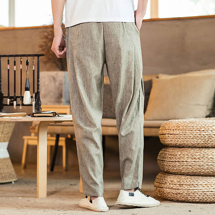 Buddha Stones Solid Color Linen Drawstring Tapered Men's Pants With Pockets - image 4