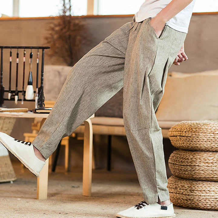 Buddha Stones Solid Color Linen Drawstring Tapered Men's Pants With Pockets - image 7