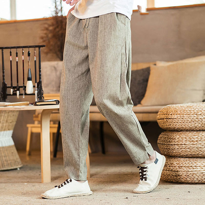 Buddha Stones Solid Color Linen Drawstring Tapered Men's Pants With Pockets - Tan - US/UK/AU46，EU56 (5XL) - image 0