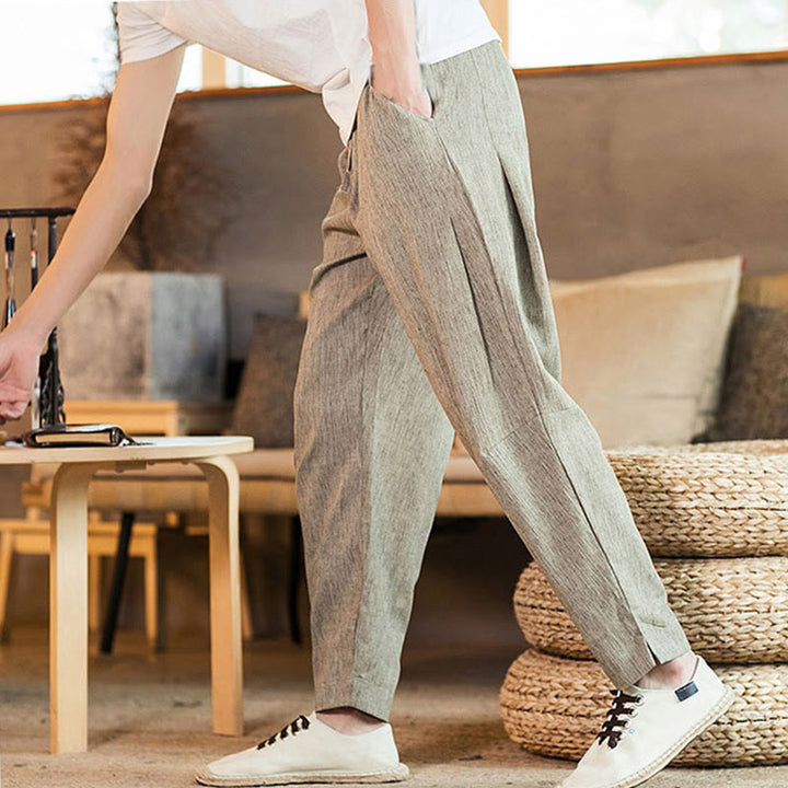 Buddha Stones Solid Color Linen Drawstring Tapered Men's Pants With Pockets - image 6