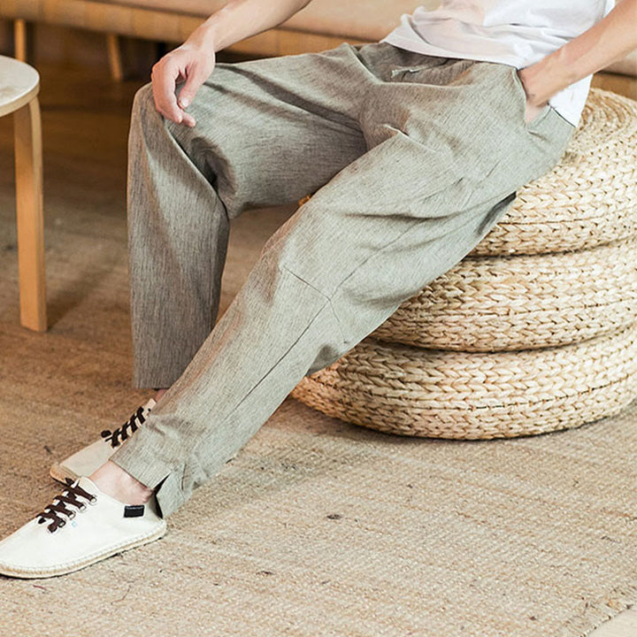 Buddha Stones Solid Color Linen Drawstring Tapered Men's Pants With Pockets - image 8