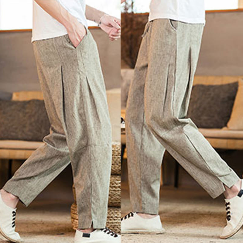 Buddha Stones Solid Color Linen Drawstring Tapered Men's Pants With Pockets - image 9