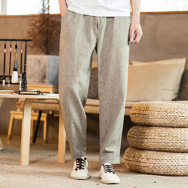 Buddha Stones Solid Color Linen Drawstring Tapered Men's Pants With Pockets - image 3