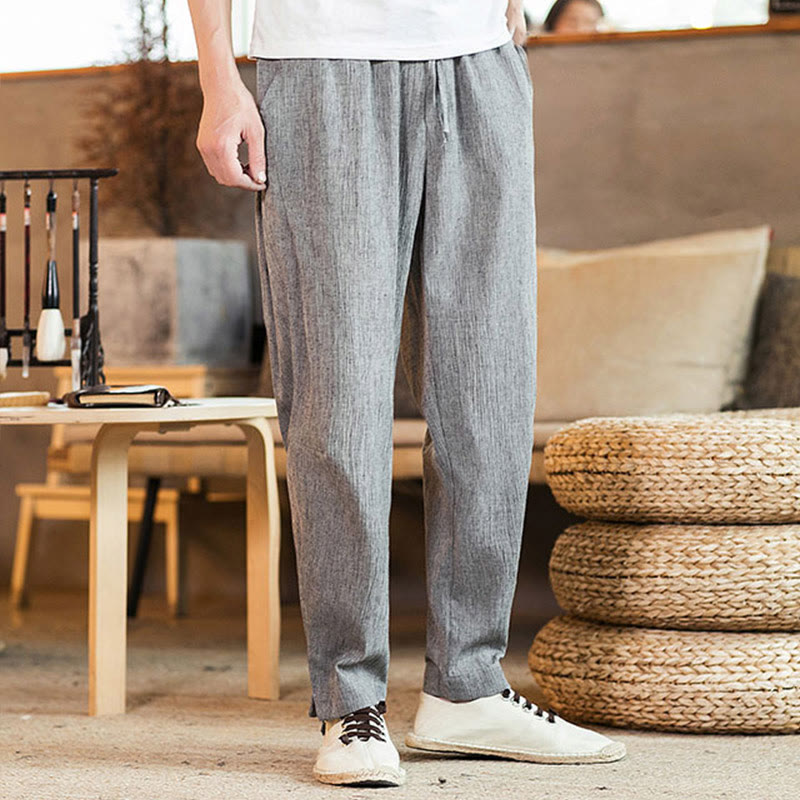 Buddha Stones Solid Color Linen Drawstring Tapered Men's Pants With Pockets - image 11