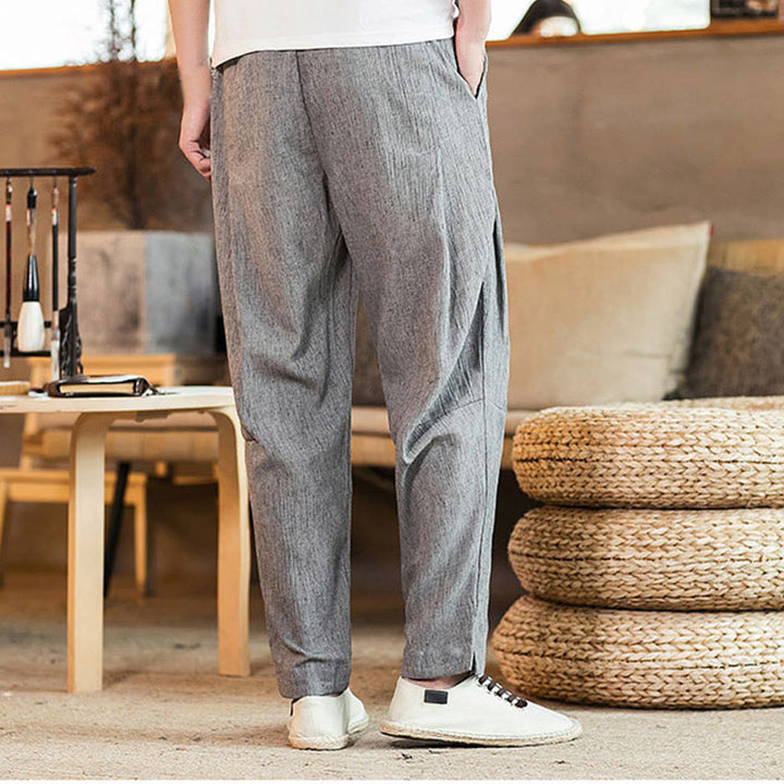 Buddha Stones Solid Color Linen Drawstring Tapered Men's Pants With Pockets - image 13