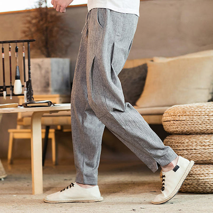 Buddha Stones Solid Color Linen Drawstring Tapered Men's Pants With Pockets - image 12