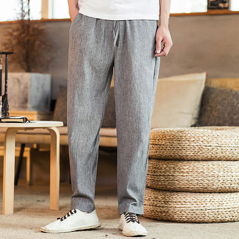 Buddha Stones Solid Color Linen Drawstring Tapered Men's Pants With Pockets - image 14
